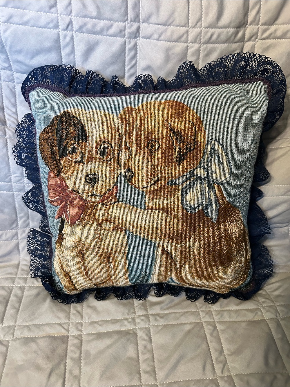 Vintage Puppy Tapestry Throw Pillow with Navy Lace Ruffle 12x12
